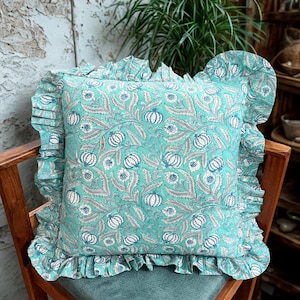 Hand Block Print Ruffled Pillow Sham Cotton Pillow case with Ruffle Cushion Cover with Frill, Frilled Cushion Cover, Printed Ruffle Cushions