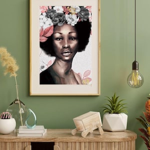 Black Woman Wall Art Printaable-Afrocentric Floral Portrait Digital Download -Boho Modern Arty for Home Decor