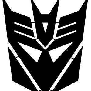 May include: Black and white Decepticon logo. The emblem features a stylized, angular design with sharp points and geometric shapes. The logo is a symbol of the Transformers franchise.