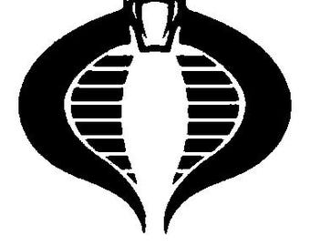 May include: Black and white silhouette of a cobra with a striped pattern on its body. The cobra is facing forward with its mouth open.