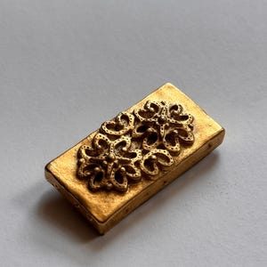 Vintage BALENCIAGA Paris 14K Gold Plated Brooch, 1980s French Designer Rectangle Pin, Floral Filigree Statement Jewelry, Made in France