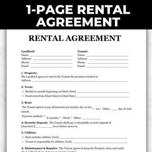 1-Page Rental Agreement, Lease Contract Template, Printable Lease Agreement, Editable Landlord Forms Printable Residential Housing Agreement