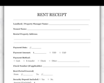 Rent Receipt Template – Printable PDF, Fill by Hand, Landlord & Tenant ...