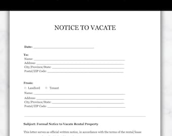 Notice to Vacate Form, Rental Termination Letter Template, Move Out Notice PDF, Landlord or Tenant Notice to End Tenancy, Lease Ending