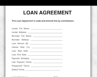 Loan Agreement, Loan Template, Fillable Loan Contract, Personal Loan Form, Money Lending Agreement, Printable PDF, Editable Canva Template