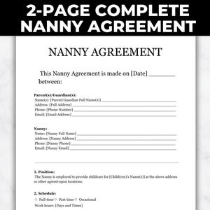 Nanny Agreement Template, Two Page Nanny Contract Form, Childcare Employment Agreement, Babysitter Contract, Printable PDF, Canva Template