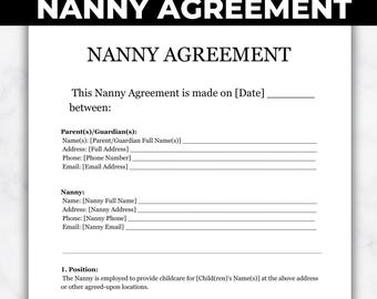 Nanny Agreement Template, Two Page Nanny Contract Form, Childcare Employment Agreement, Babysitter Contract, Printable PDF, Canva Template