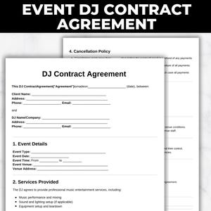 May include: A DJ contract agreement with the title "EVENT DJ CONTRACT AGREEMENT" at the top. The contract includes sections for event details, services provided, and payment terms. The document is on a white background.