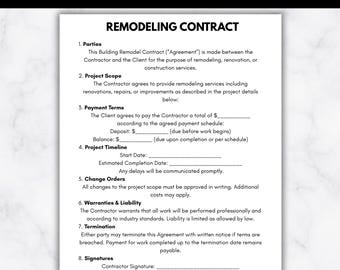 Editable Remodeling Contract Template, Single Page Home Renovation Contract Form, Printable Remodel Services Contract, Instant Download PDF
