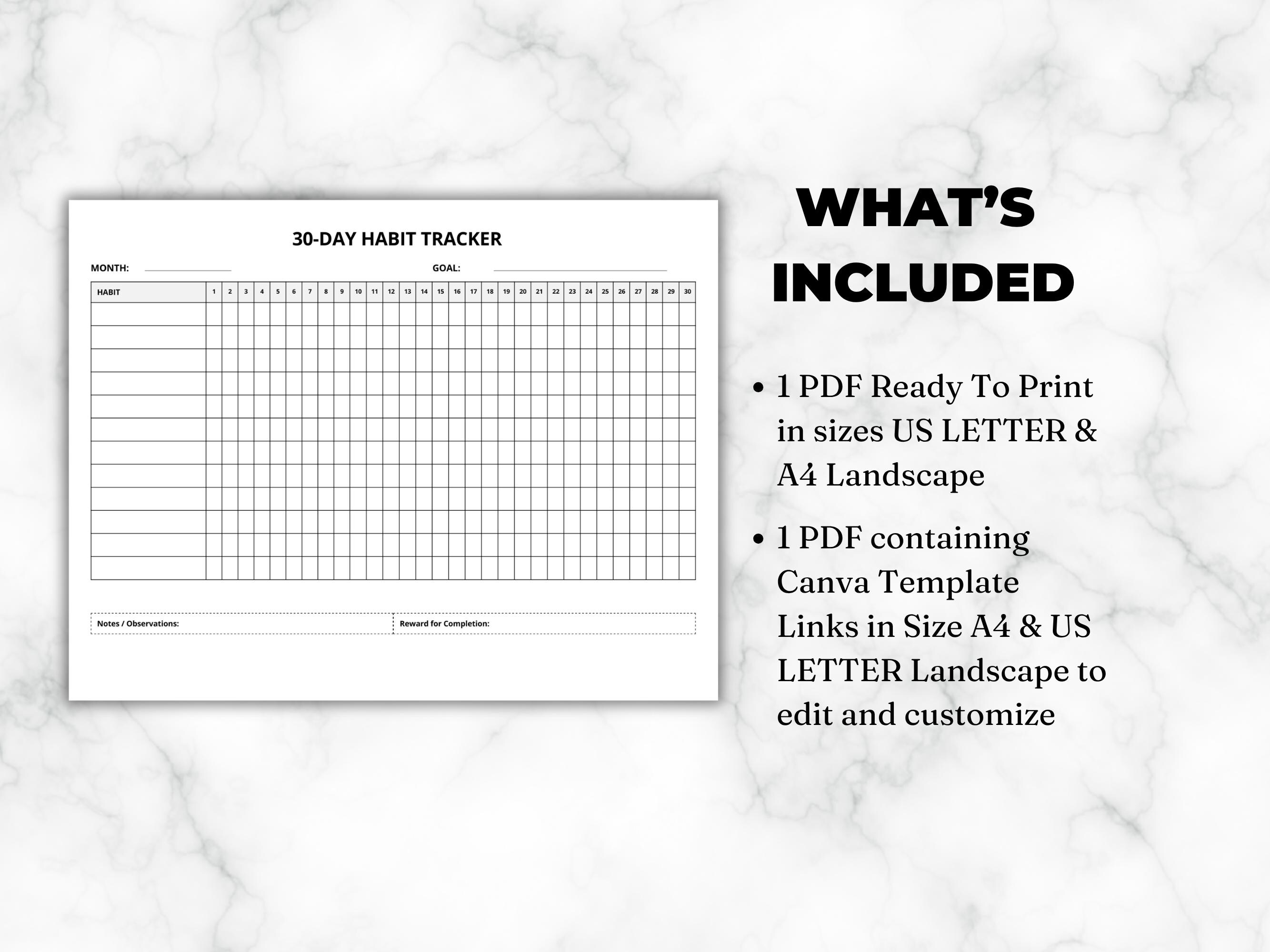 30 Day Habit Tracker Printable Canva Editable, Minimalist Goal Planner ...