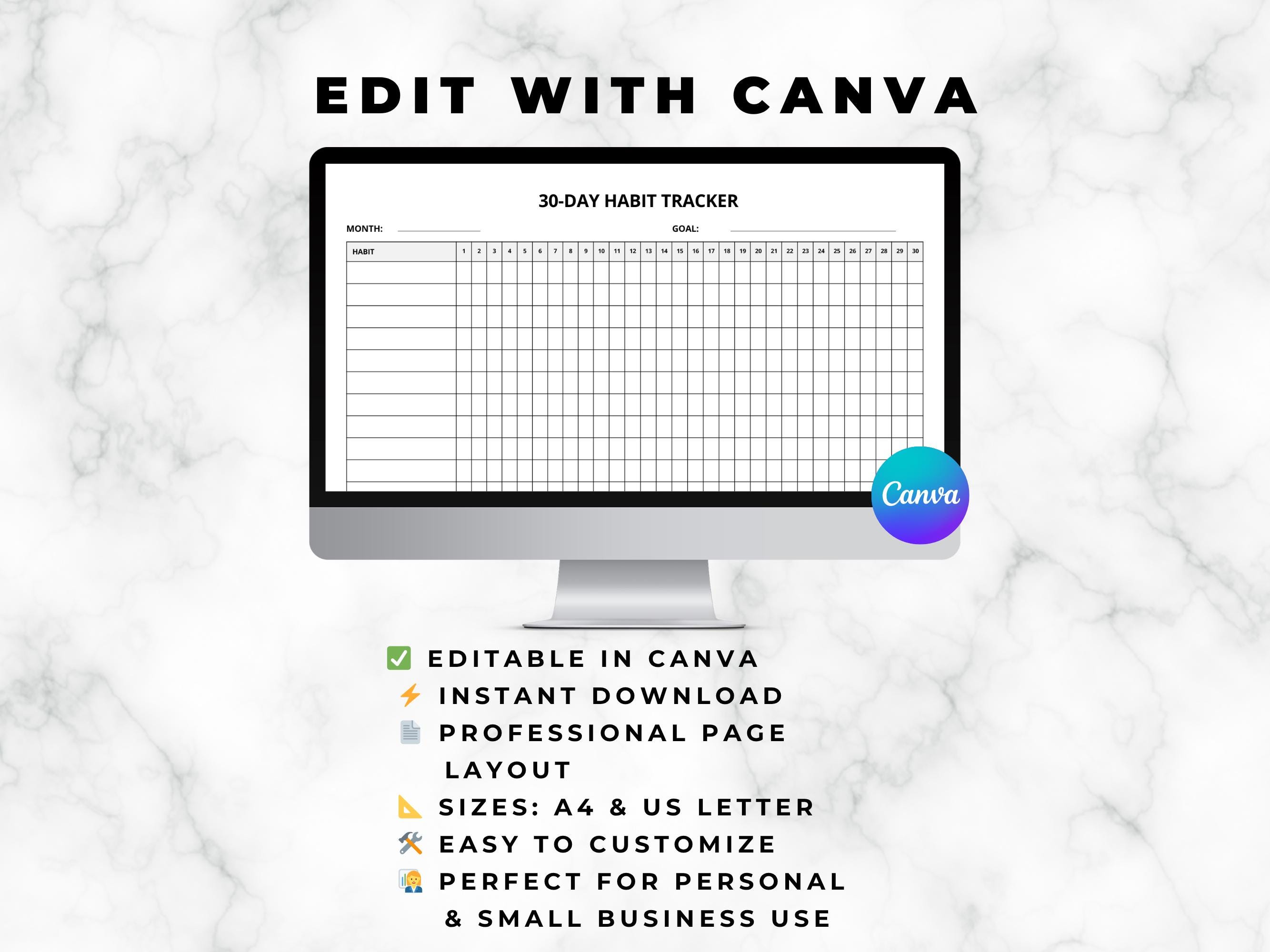 30 Day Habit Tracker Printable Canva Editable, Minimalist Goal Planner ...