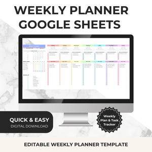 Può includere: Un monitor di computer che mostra un modello di pianificatore settimanale colorato per Google Sheets. Lo schermo mostra una griglia con i giorni della settimana, elenchi di attività e caselle di controllo. Il testo recita WEEKLY PLANNER GOOGLE SHEETS, QUICK & EASY DIGITAL DOWNLOAD e Weekly Plan & Task Tracker.