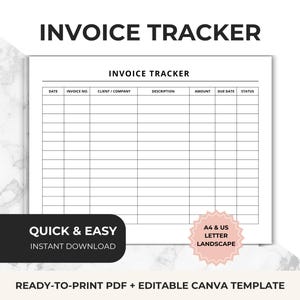 May include: A white landscape-oriented invoice tracker template with black text and grid lines. The document features columns for date, invoice number, client, description, amount, due date, and status. It includes text stating A4 & US LETTER LANDSCAPE.