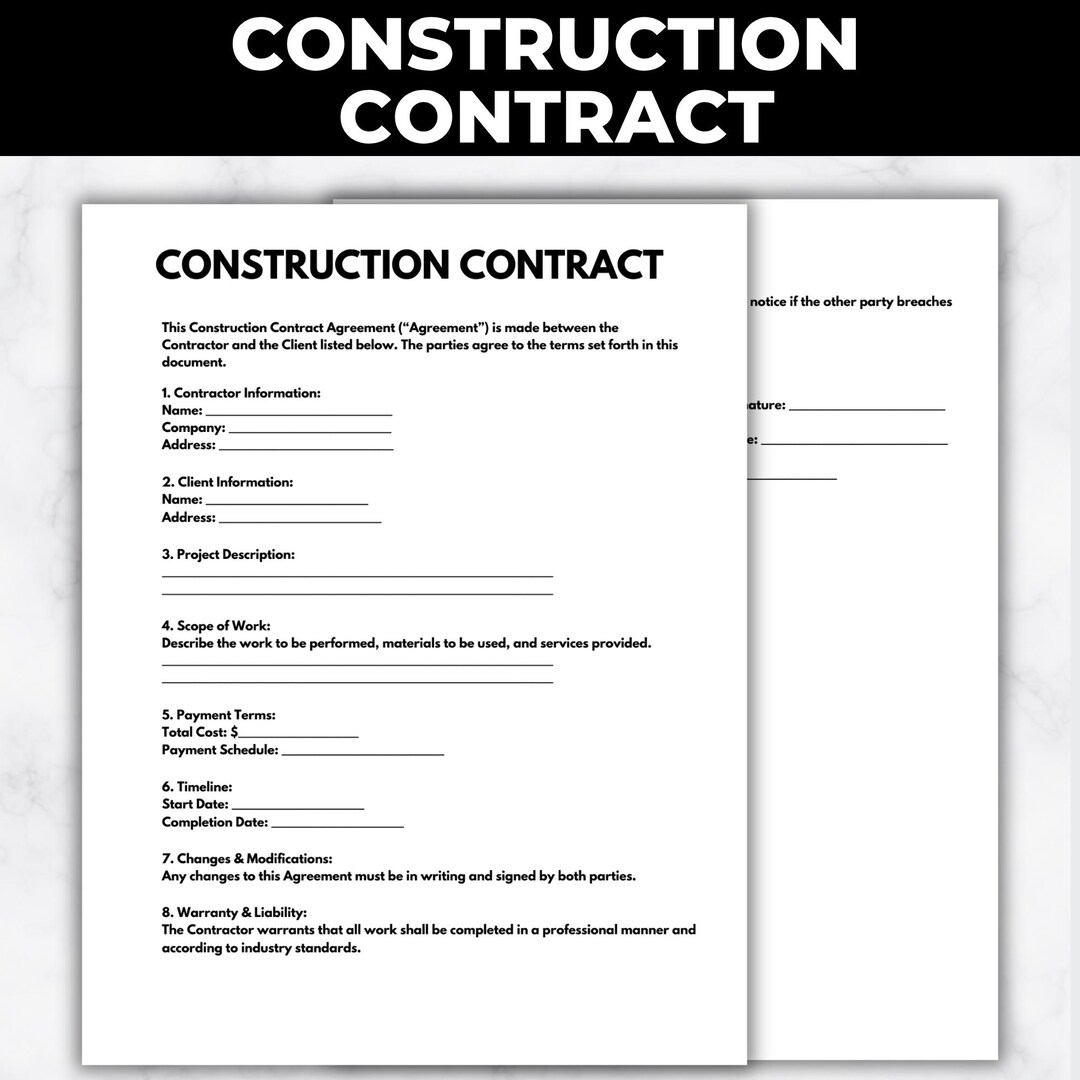 Editable Construction Contract Agreement, Printable PDF - Etsy