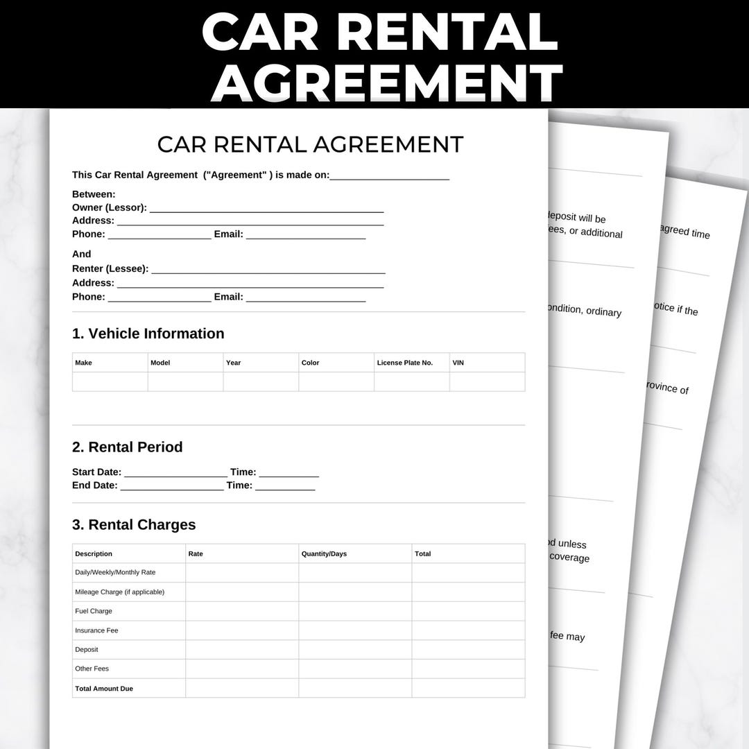 Car Rental Agreement Form Template | Editable Vehicle Rental Contract ...