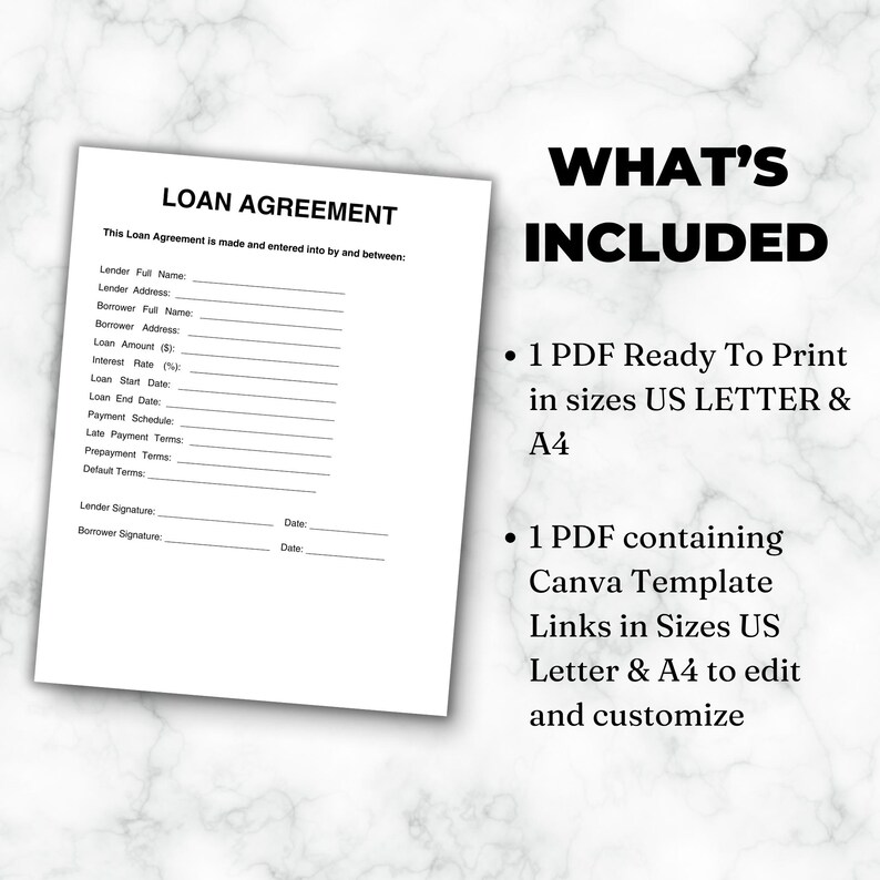 Loan Agreement, Loan Template, Fillable Loan Contract, Personal Loan ...