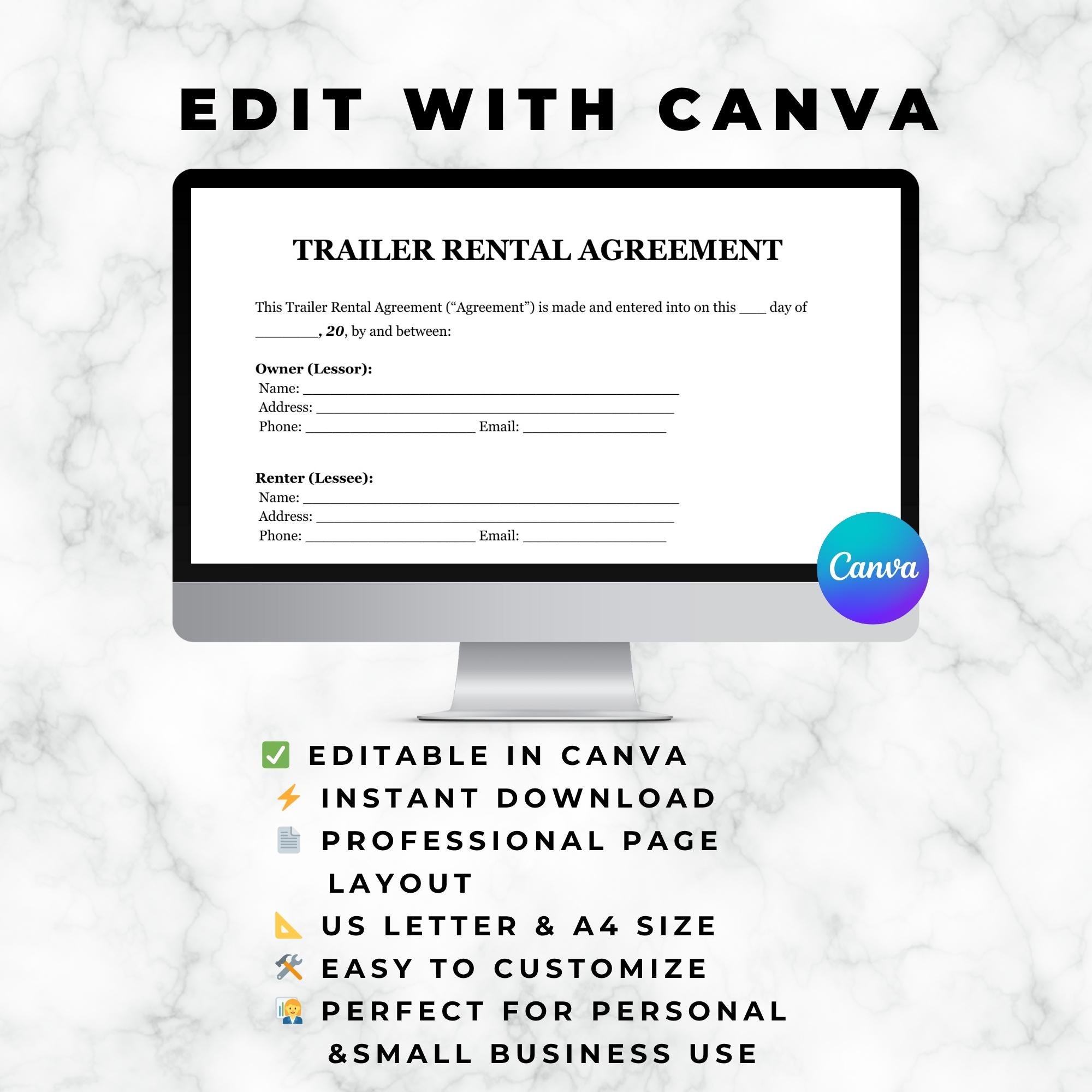 Trailer Rental Agreement Template, RV Motorhome Lease (printable PDF ...