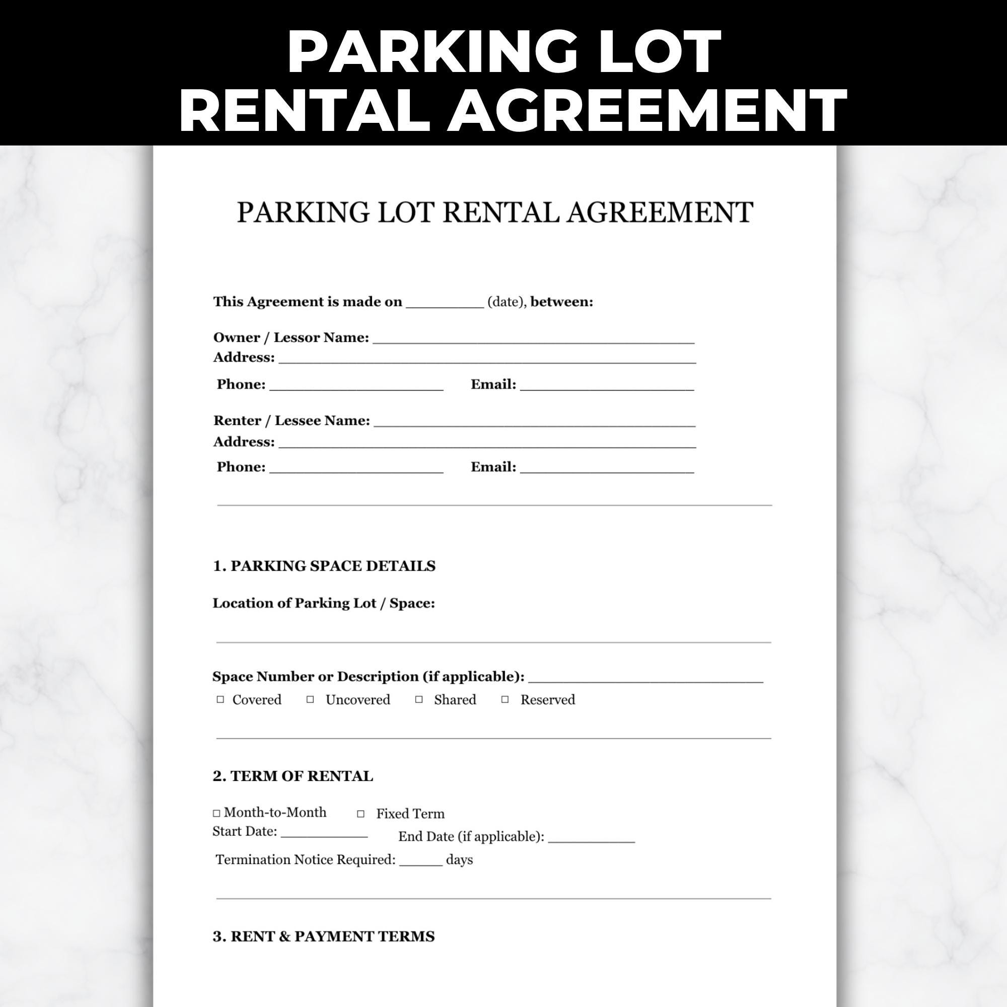 Parking Lot Rental Agreement Template, Printable PDF, Editable Lease, Car Parking Contract, Landlord Template 2 Page Rental Form Instant PDF