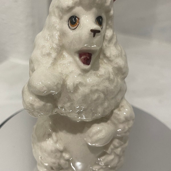 Poodle Figurine with Rose Colored Bow circa 1945 to 1948 Japan