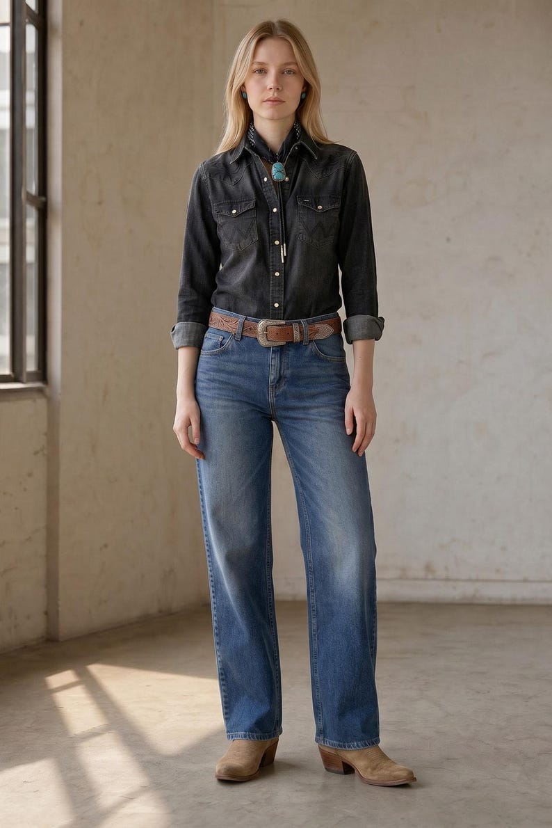 Pantalones vaqueros Wrangler vintage de mezclilla azul de los años 2000 con parche de cuero y costuras en forma de 'W' 29X30 imagen 1
