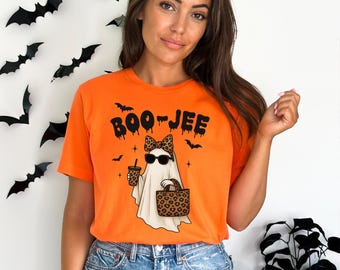 Boo Jee Leopard Ghost Halloween Shirt For Women, Comfort Color Spooky Fall Tee, Cute Ghost T-Shirt, Trendy October Sweatshirt, Gift For Her