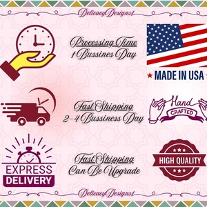 various icons and text related to fast shipping and delivery services, including a clock, a hand holding a clock, an American flag, and a handcrafted label.
