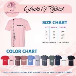 The image is a promotional graphic for a youth t-shirt, featuring a size chart and color chart with various t-shirt designs and their corresponding sizes and colors.