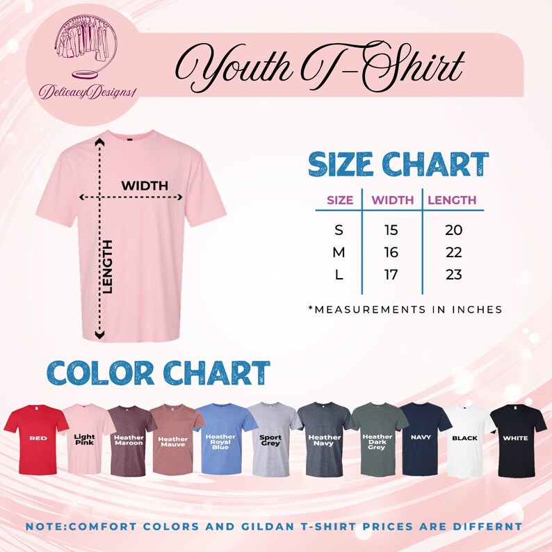 The image is a promotional graphic for a youth t-shirt, featuring a size chart and color chart with various t-shirt designs and their corresponding sizes and colors.