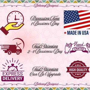 various icons and text related to fast shipping and delivery services, including a clock, a hand holding a clock, an American flag, and a handcrafted label.