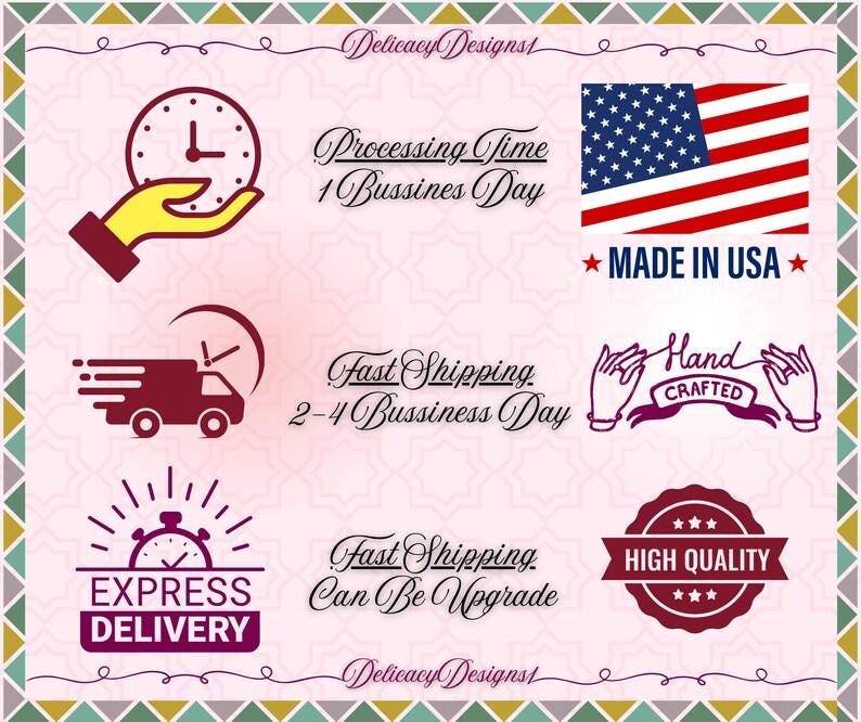 various icons and text related to fast shipping and delivery services, including a clock, a hand holding a clock, an American flag, and a handcrafted label.