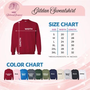 The image is a size chart and color chart for a red Gildan sweatshirt. The size chart provides measurements for different sizes, including S, M, L, XL, 2XL, 3XL, and 30, while the color chart displays the corresponding colors for each size.