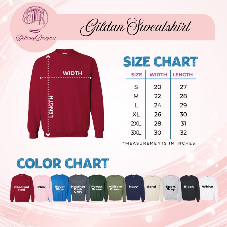 The image is a size chart and color chart for a red Gildan sweatshirt. The size chart provides measurements for different sizes, including S, M, L, XL, 2XL, 3XL, and 30, while the color chart displays the corresponding colors for each size.