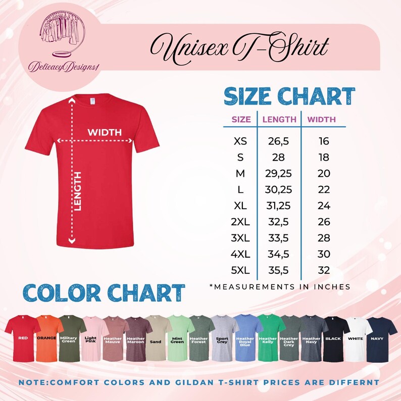 The image is a color chart that provides size and color information for a unisex t-shirt. The chart includes a color chart with various color options and corresponding measurements in inches. The chart also includes a color chart with different color options and their corresponding prices. The image is a collage of multiple images, and the text is concise and avoids redundancy.