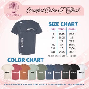 The image is a color chart for a "Comfort Color T-Shirt" from Delacey Designs, displaying the size chart and color options available.