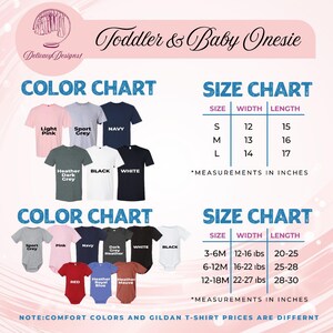 The image is a color and size chart for toddler and baby onesies, providing a visual guide for selecting the appropriate size based on the child's age and gender.