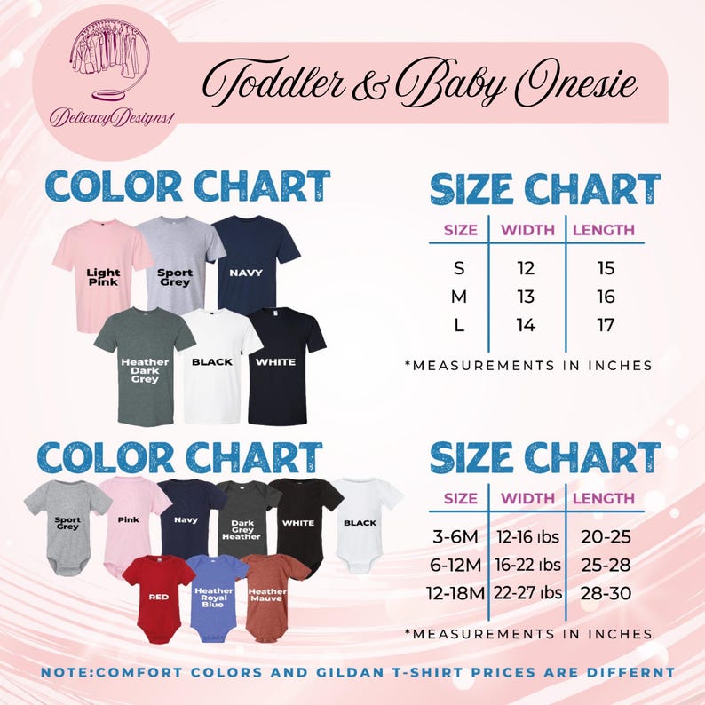 The image is a color and size chart for toddler and baby onesies, providing a visual guide for selecting the appropriate size based on the child's age and gender.