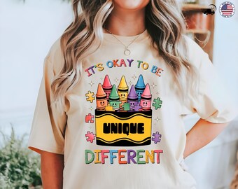 Its Okay To Be Unique Shirt, Autism Awareness Crayon Shirt, Puzzle Piece Teacher Tee, Colorful Back To School Shirt Gift For Kids