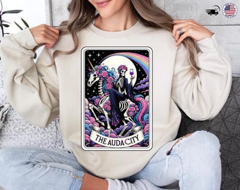 The Audacity Sweatshirt, Skeleton Riding Unicorn, Whimsical Gothic Art Sweatthirt, Rainbow and Floral Design, Unique Gift for Women Gift