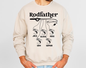 Camiseta o sudadera de Rodfather, regalo de pesca personalizado para papá, camiseta personalizada con nombres de niños, regalo divertido para el Día del Padre.