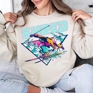 Retro Skiing Sweatshirt, Vintage Shred Winter Sports Pullover, Snowboarder Neon Aesthetic, Ski Gift for Him or Her, Cozy Après Ski Gift