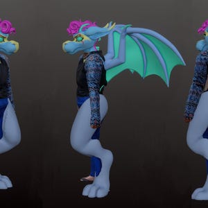 May include: A blue and teal dragon costume with a pink and purple headpiece, wings, and a black jacket with blue patterned sleeves. The costume includes blue jeans and light gray legs and feet.