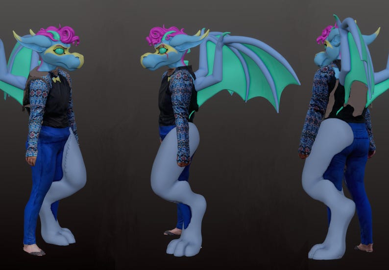 May include: A blue and teal dragon costume with a pink and purple headpiece, wings, and a black jacket with blue patterned sleeves. The costume includes blue jeans and light gray legs and feet.