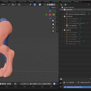 Może przedstawiać: Model 3D nogi, renderowany w środowisku cyfrowym. Noga jest głównie w kolorze brzoskwiniowym, z niebieskimi akcentami. Model jest szczegółowy, pokazujący kształt nogi i stopy. Obraz jest zrzutem ekranu z oprogramowania do modelowania 3D.
