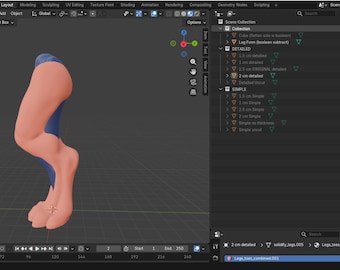 May include: A 3D model of a leg, rendered in a digital environment. The leg is primarily peach-colored, with blue accents. The model is detailed, showing the form of the leg and foot. The image is a screenshot from a 3D modeling software.