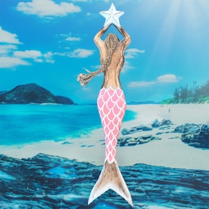 Wooden Mermaid w/ Hair 26” reaching a star with long braid- pink fin mermaid- Art- Mermaid Wall Hanging w/ long braid & STAR- Wall Hanging