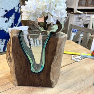 Hand Blown Glass and Teak Wood Root Vase: Heavy-Duty Vase Sculpture - Masterpiece - Ideal Wedding Gift - Woman's Gift - Beautiful Vase!