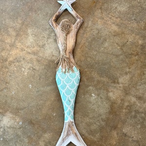 Wooden Mermaid w/ Hair 33” reaching a star with long braid