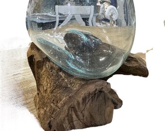 Teak Wood Root And Blown Glass Terrarium Sculpture
