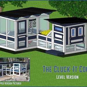 May include: A white and blue chicken coop with a black roof. The coop has a large, open run area and a smaller nesting area. The coop is labeled "The Cluck-It Coop Level Version".