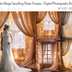 16 GOLDEN BEIGE Digital Backdrops for Photographers: Sparkling Organza Drapes - Wedding / Maternity Background, Studio Photoshop Overlays